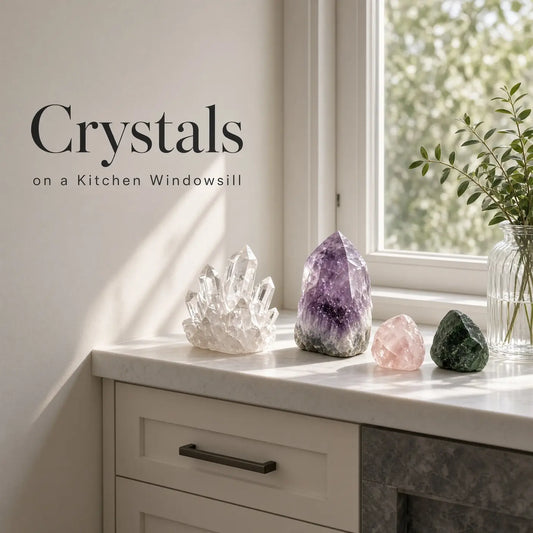Small citrine point on a dish at the dry end of a kitchen windowsill