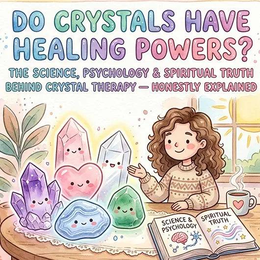 Natural healing crystals including clear quartz point, purple amethyst cluster, rose quartz, black tourmaline, and citrine arranged on white surface with scientific piezoelectric diagram overlay, crystal healing science and spirituality guide