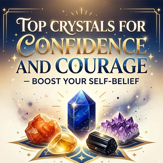 Natural crystals for confidence and courage arranged on dark slate surface including golden tiger's eye tumbled stone, orange carnelian, yellow citrine tower, sunstone, and hematite with warm directional lighting