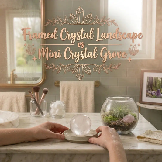 Framed amethyst landscape beside a rose quartz grove under glass