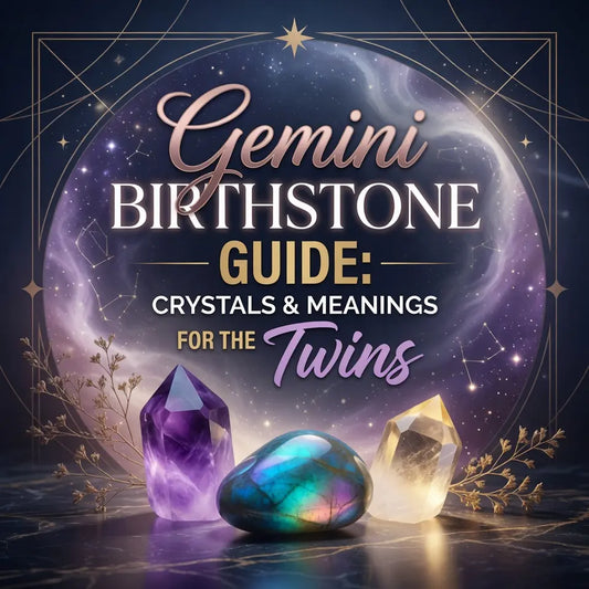 Gemini birthstones flat lay with pearls, moonstone, and agate crystals