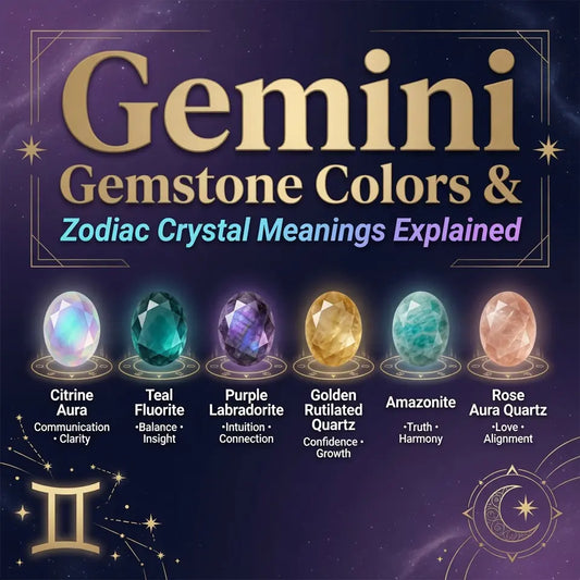 Gemini zodiac crystals and gemstones arranged with astrology charts