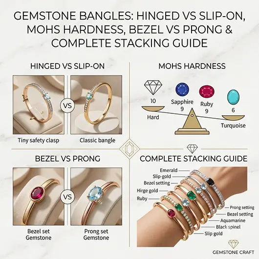 Gemstone bangle collection on white marble surface including hinged gold bangle with blue sapphires