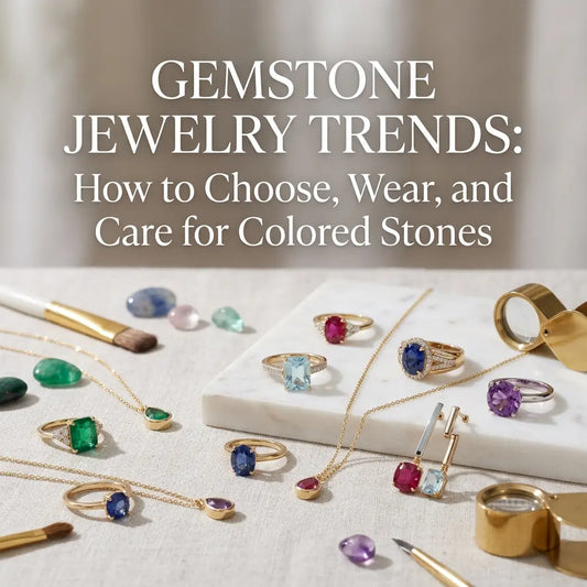 Close-up of natural gemstone jewelry with a faceted blue sapphire and green emerald catching the light