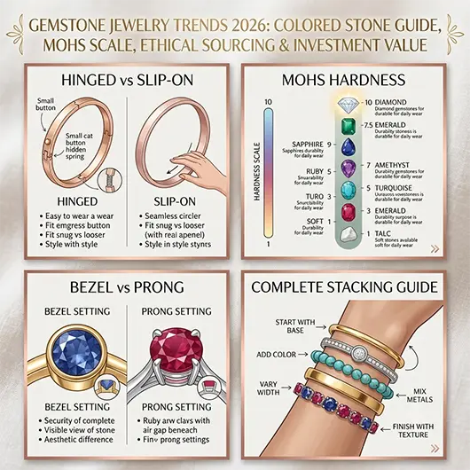 Gemstone jewelry collection on white marble surface showing vibrant colored stones including ruby pendant in yellow gold