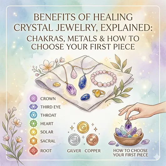 Collection of healing crystal jewelry including a seven chakra beaded bracelet, amethyst pendant necklace, rose quartz bracelet, and tiger's eye ring arranged on white surface with soft natural light