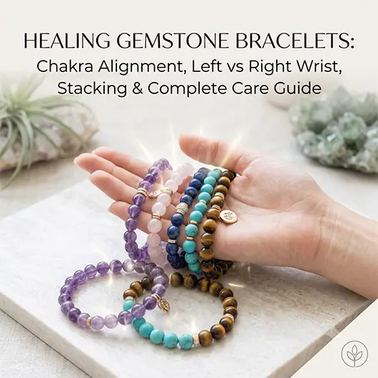 Healing gemstone bracelets stacked on wrist showing seven chakra stones including black tourmaline root chakra