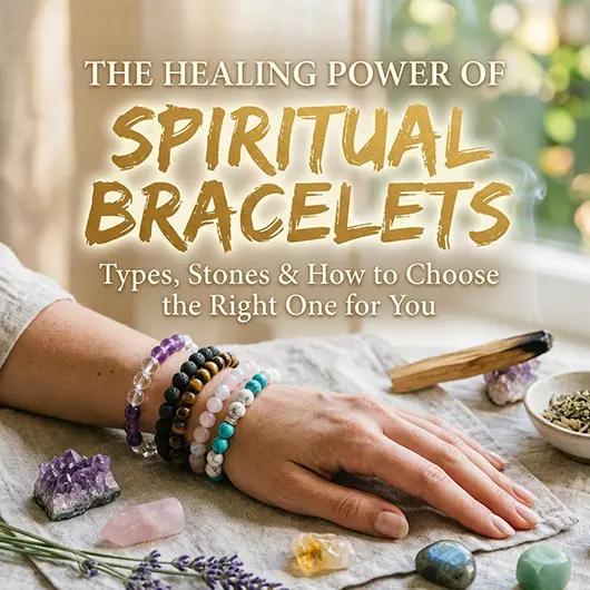 Collection of spiritual healing bracelets on white surface including seven chakra bracelet, black tourmaline protection bracelet, amethyst beaded bracelet, lava stone diffuser bracelet, and Tibetan knot string bracelet arranged for comparison guide