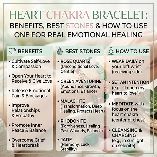 Heart chakra healing crystal bracelet on white surface featuring rose quartz beads and green aventurine stones beside loose rhodonite and malachite tumbled crystals, emotional healing and Anahata jewelry guide