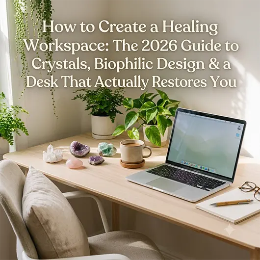 Healing home workspace with natural wood desk, clear quartz cluster, green potted plant, warm desk lamp, and minimal decor creating a calm biophilic office environment