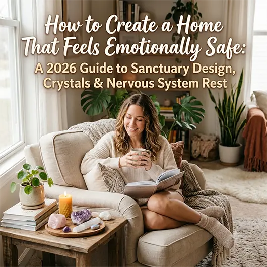Emotionally safe home sanctuary with warm linen armchair, soft ambient lamp, rose quartz crystal on side table