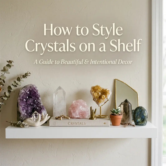 Clear quartz tower, citrine tree and amethyst cluster styled on an oak shelf with books and empty space