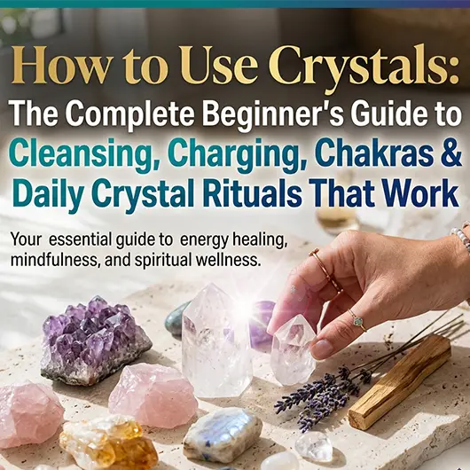 Beginner crystal starter set on white surface including purple amethyst, pink rose quartz, and clear quartz point arranged with a small notebook for intention setting, how to use crystals guide for beginners