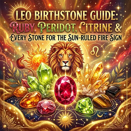 Leo birthstone crystal collection on gold velvet surface featuring deep red ruby gemstone