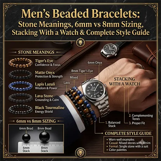 Men's beaded bracelet stack on male wrist showing matte black onyx bracelet, tiger's eye natural stone bracelet