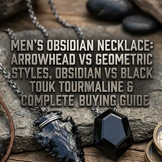 Men's obsidian necklace collection on dark slate surface featuring a black obsidian arrowhead pendant on leather cord,