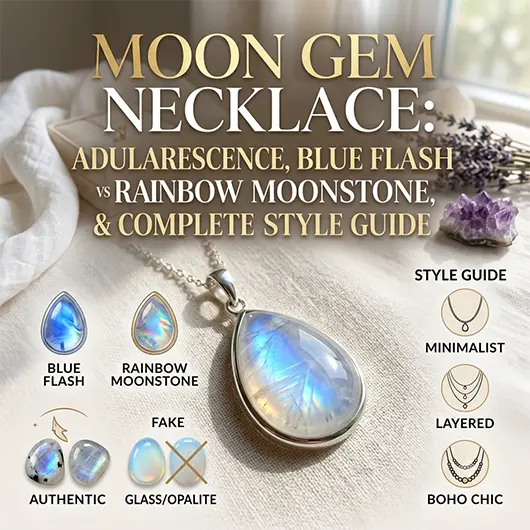 Moon gem necklace collection on dark navy surface featuring blue flash moonstone oval pendant in 925 sterling silver setting