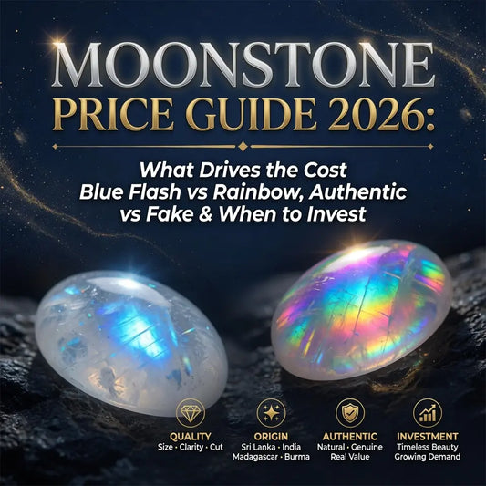 Moonstone quality comparison on white surface showing high-grade transparent blue-sheen Sri Lankan moonstone