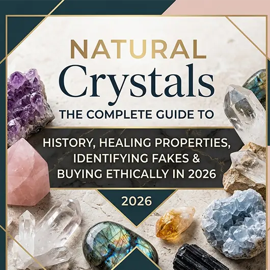 Collection of authentic natural crystals arranged on white marble including rose quartz cluster, purple amethyst geode, golden citrine point, clear quartz tower, and black tourmaline, natural crystal healing gems guide