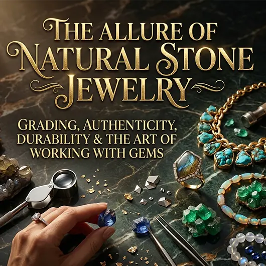 Collection of natural stone jewelry making materials including raw amethyst chunks, polished sleeping beauty turquoise beads, tiger's eye stones, and copper wire wrapping tools arranged on a wooden work surface
