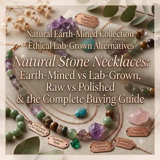 Collection of natural stone necklaces displayed on white linen including raw amethyst crystal point pendant on cord