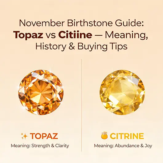 Raw and polished citrine and topaz gemstones on autumn leaves, the November birthstones
