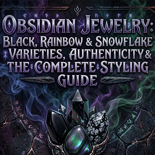 Collection of obsidian jewelry on white surface including a polished black obsidian teardrop pendant necklace, iridescent rainbow obsidian bead bracelet showing color sheen, and snowflake obsidian tumbled stone with white cristobalite patterns