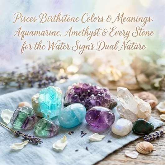 Pisces birthstone crystal collection on ocean blue fabric surface featuring pale blue aquamarine tumbled stone