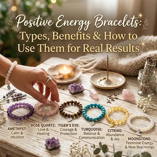 Collection of positive energy healing bracelets on white surface including seven chakra bracelet, amethyst beaded bracelet, rose quartz bracelet, black tourmaline bracelet, and lava stone essential oil diffuser bracelet arranged for comparison