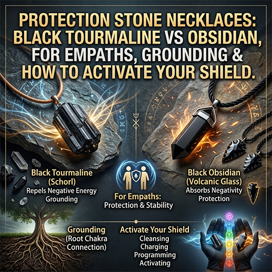 Collection of protection stone necklaces on dark surface including black tourmaline raw pendant, black obsidian teardrop necklace