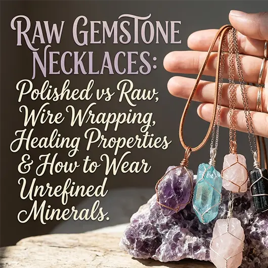 Collection of raw gemstone necklaces on white linen surface including wire-wrapped raw amethyst point pendant, rough rose quartz chunk on gold chain