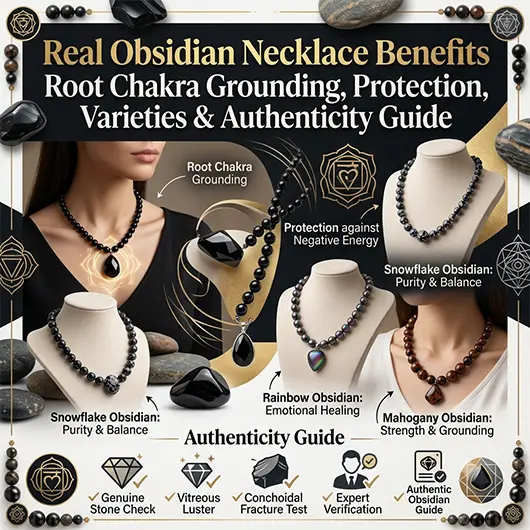 Real obsidian necklace collection on dark slate surface including glossy black obsidian teardrop pendant on leather cord