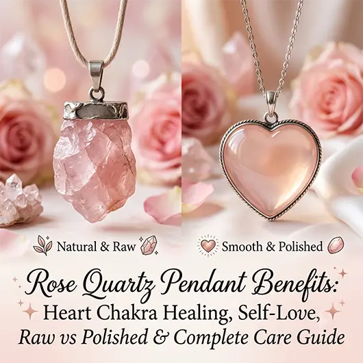Rose quartz pendant necklaces on white linen surface including raw rose quartz chunk on rose gold chain