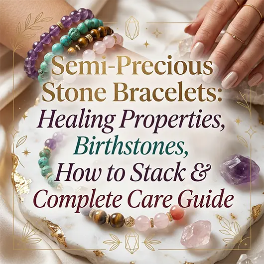 Collection of semi-precious stone bracelets stacked on wrist showing rose quartz beads, amethyst bracelet, lapis lazuli beads, green jade, citrine, and black tourmaline natural gemstone bracelets in layered styling