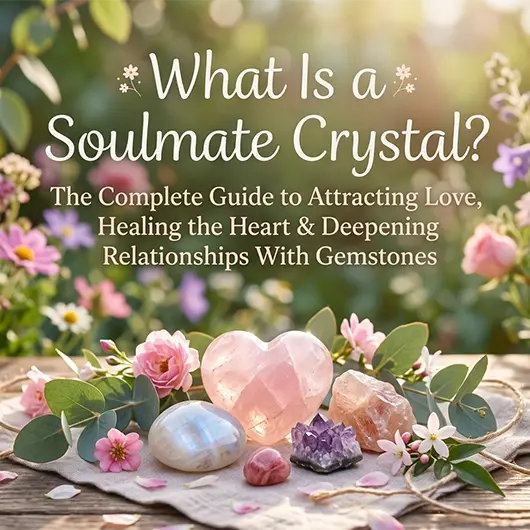 Natural love and soulmate crystals arranged on pink silk including rose quartz heart, rhodochrosite tumbled stone, pink moonstone, and clear quartz point with soft romantic lighting on white background
