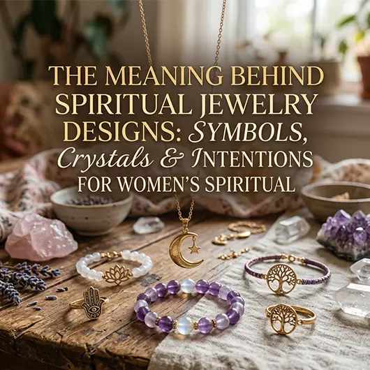 Flat lay of women’s spiritual jewelry collection featuring crystal gemstone rings, lotus pendants, chakra bead bracelets and boho healing crystals with natural earthy decor, showcasing symbolic spiritual designs for mindfulness and personal growth
