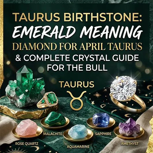 Taurus birthstone crystal collection on green velvet surface featuring emerald pendant in gold setting