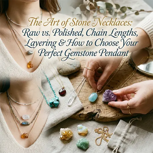 Collection of natural stone necklaces for women displayed on white surface including raw amethyst crystal pendant, polished rose quartz droplet necklace, clear quartz point pendant, and layered turquoise and moonstone chain necklaces at varying lengths