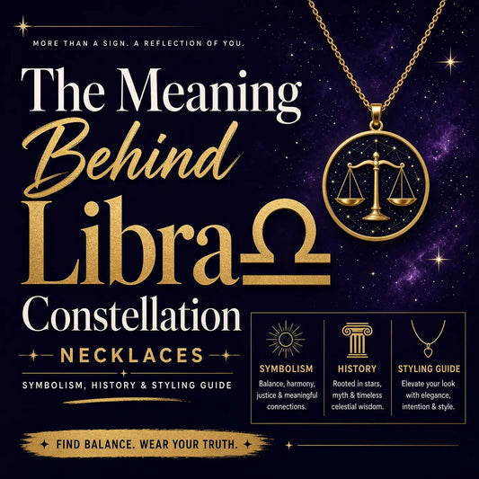 Woman wearing a delicate gold Libra constellation necklace with star map pendant