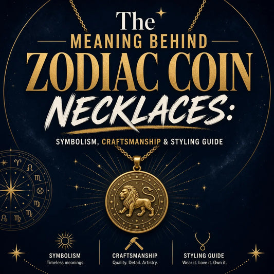 Elegant gold zodiac coin necklace pendant resting on white marble surface in soft natural light
