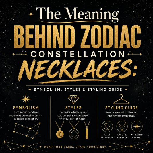 Woman wearing a delicate gold zodiac constellation necklace outdoors at golden hour