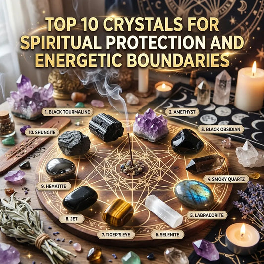 Arrangement of dark and light protection crystals on a wooden table for home energy shielding