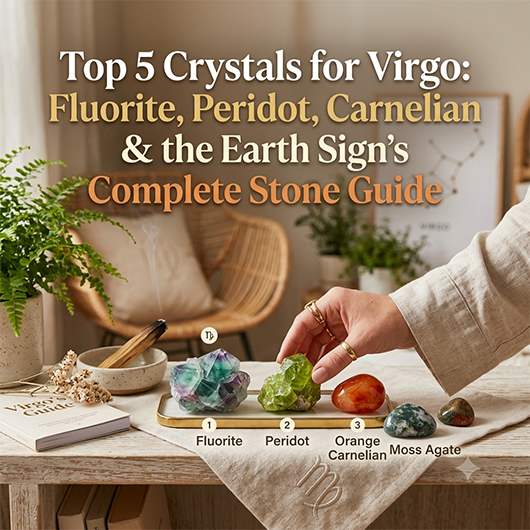 Top five Virgo crystals arranged on natural linen surface including purple fluorite cluster