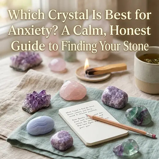 Collection of calming healing crystals for anxiety arranged on white surface including purple amethyst, pink rose quartz, blue sodalite, black tourmaline, lavender lepidolite, and clear quartz point with soft natural light
