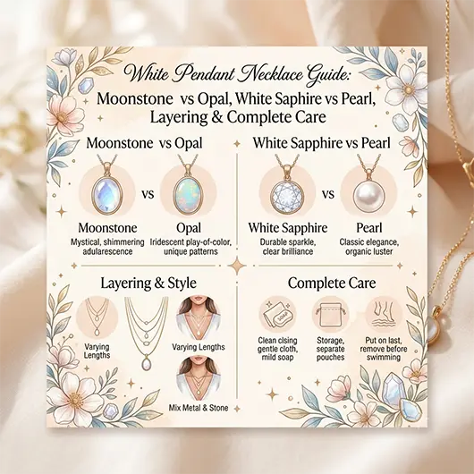 White pendant necklace collection on white linen surface including moonstone oval pendant showing blue adularescence glow