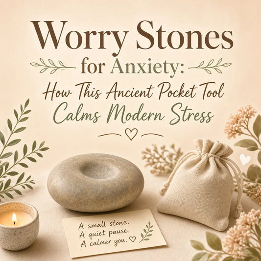 Smooth oval worry stone held in a person’s palm, showing the thumb indentation used for calming, repetitive rubbing