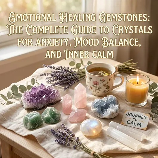 Collection of emotional healing gemstones including rose quartz, amethyst, lepidolite, blue lace agate, and black tourmaline arranged on white background for anxiety and mood balance