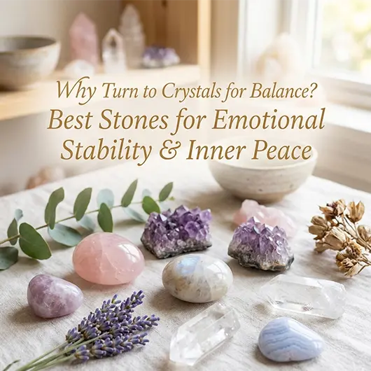 Top crystals for emotional balance and inner peace, including amethyst, lepidolite, rose quartz, and black tourmaline arranged on a wooden surface