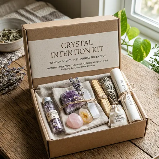 Curated crystal kits for calm, focus, self-love & protection. Each set includes a bracelet, tumbled stones & an intention card. Free US shipping.