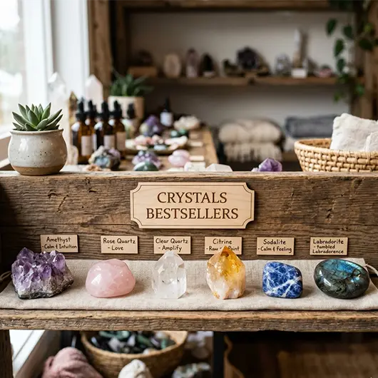 Wooden crystal shop display table labeled "Crystals Bestsellers" featuring six labeled healing stones